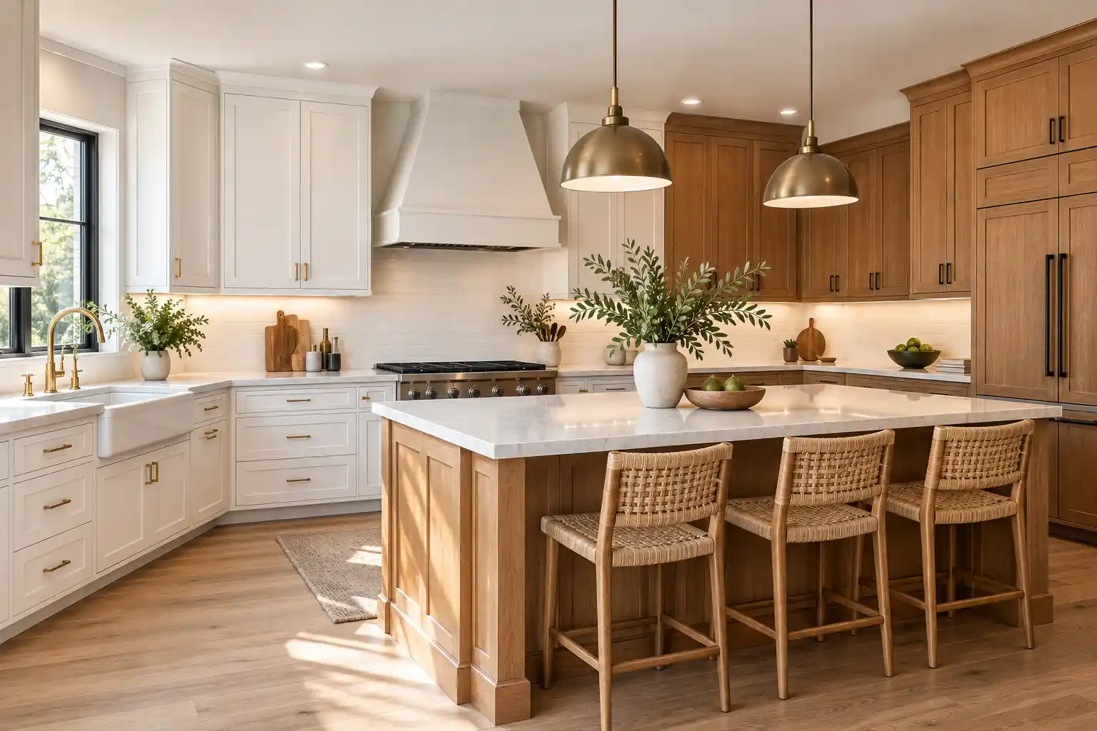 White and wood kitchen cabinets with natural wood island